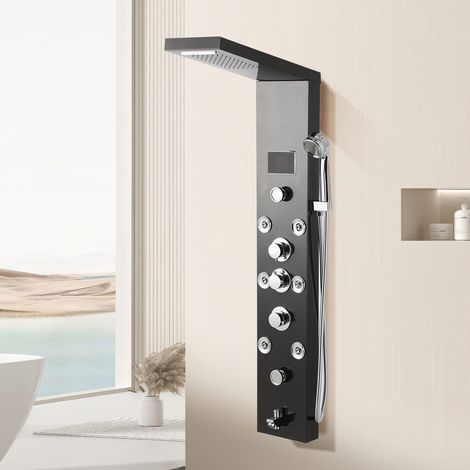 Randaco Colonna doccia idromassaggio con LED nero, 6 getti, acciaio inox 304