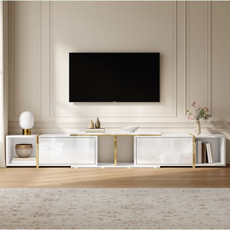 CHICFURN Mueble TV extensible 275x35x37 cm de aglomerado blanco, ahorra espacio (1/5)