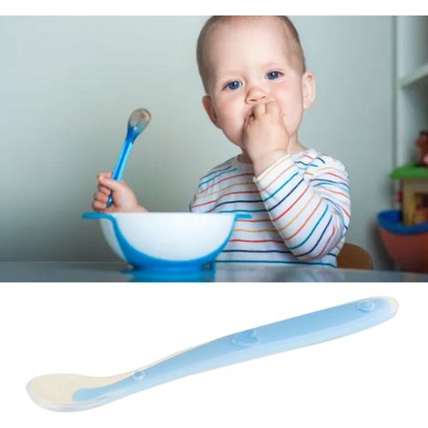 Silikonlöffel für Babys, ergonomisch, weich und zahnfleischschonend, für Babys ab 4 Monaten, blau. (1/5)