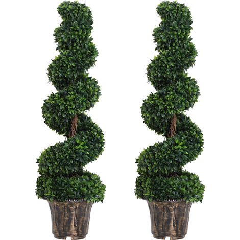 Ensemble de deux jardinières artificielles en spirale de buis, convenant à une utilisation intérieure et extérieure, comprenant des pots de 32 cm de diamètre et 120 cm de hauteur, de couleur verte. (1/5)