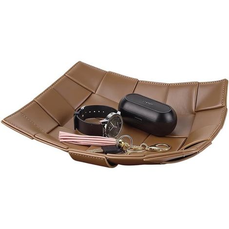 Wendbare, PU-gefütterte Schmuckablage, geflochtene Schlüsselablage für Flur, Schlafzimmer/Schreibtisch. Aufbewahrungsschale für Uhren, Geldbörse/Münzen. Maße: 24,7 x 24,7 x 5 cm (1/5)