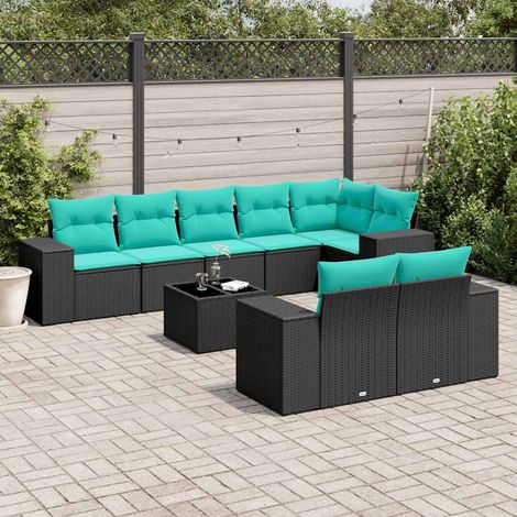 9-teiliges Gartensofa-Set mit Kissen, schwarzes Polyrattan (1/5)