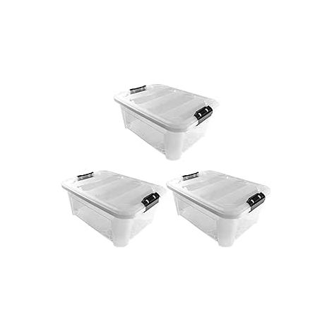 JVL Plastic Secure Clip Lidded Storage Box, Stackable & Nestable, Clear, Set of 3, 25L (1/5)