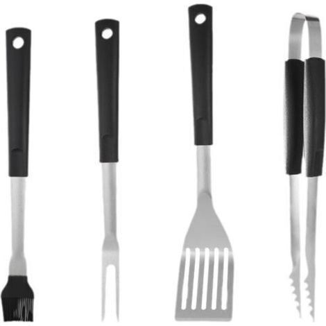 Set da barbecue in acciaio inox composto da 4 pezzi: manico, forchetta in PP, paletta e morsetto in silicone. (1/5)