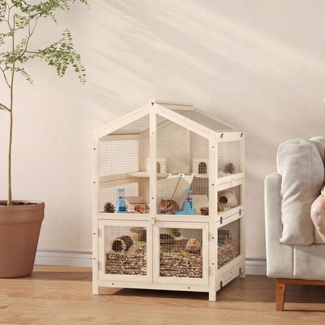 Jaula de madera para hámster, 3 niveles, jaula para roedores, jaula para animales pequeños con casitas, balancines, rampas, bebederos, 68x61,5x90 cm, madera natural