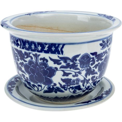 Pot à Fleurs en Céramique Bleue et Blanche 17 Cm Soucoupe pour Plantes D'intérieur, Bureau et Bonsaï, Grand Pot Décoratif Drainage, Jardinière Élégante pour Maison et Jardin (1/5)
