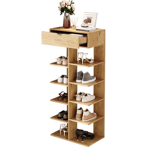 Meuble à chaussures, avec tiroirs, 55 x 33 x 133 cm, panneaux de particules et bois, bois naturel (1/5)