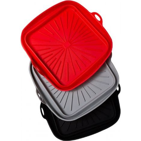 Lntyq Moule Silicone Air Fryer, 3 Pièces Moule Panier Friteuse à Air Chaud Réutilisable Airfryer Plat Carré Pliable Doublure Liners pour Friteuse Air, Micro-ondes, Four (Rouge+Noir+gris)