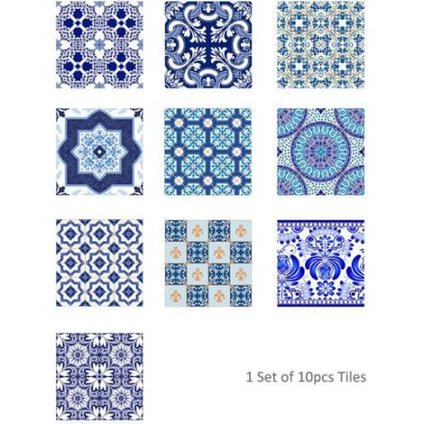 Set de 10 Pcs Sticker Carrelage Autocollant 20x20cm Carrelage Adhésif Mural Étanche pour Cusine Salle de Bain (Style porcelaine bleu (1/4)