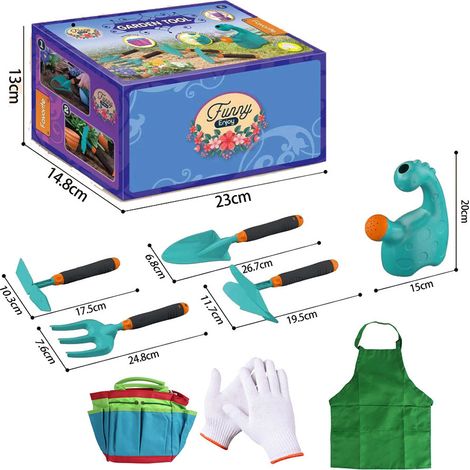 Kit d'outils de jardinage pour enfants, ensemble complet avec arrosoir dinosaure, pelles, râteau, gants, tablier et sac de rangement, jouet de jardin extérieur pour garçons et filles