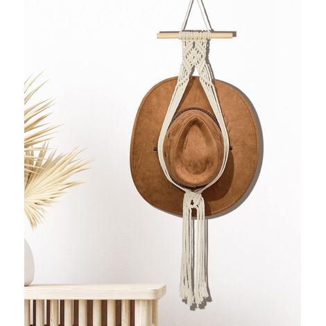 Porte-chapeaux en macramé - style bohème - organisateur de chapeaux à fixer à la porte - modèle blanc simple (1/5)