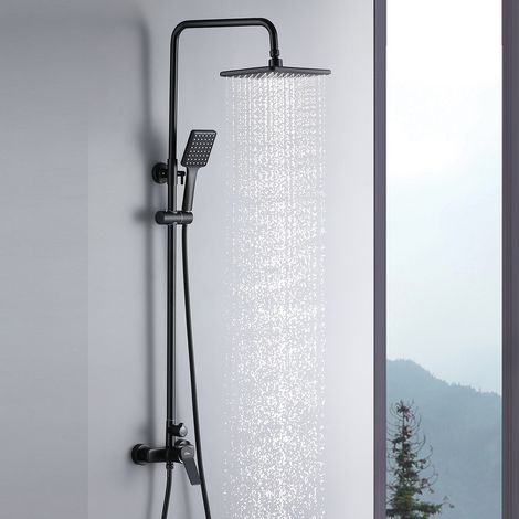 Auralum Columna de ducha con mezclador mecánico , Conjunto de ducha con Cuadrado Rociadores de ducha y Ducha de Mano, Altura Ajustable de 90 a 124 cm (1/4)