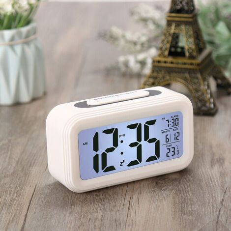 Digitaler Wecker, batteriebetrieben, geräuschlos, für Kinder und Erwachsene, großes LED-Display, Temperaturanzeige, Kalender, Reisewecker mit Nachtlicht und Schlummerfunktion, Weiß
