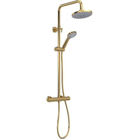 Nuie Arvan Round Thermostatic Bar Mixer Shower with Shower Kit and Fixed Head - Brushed Brass