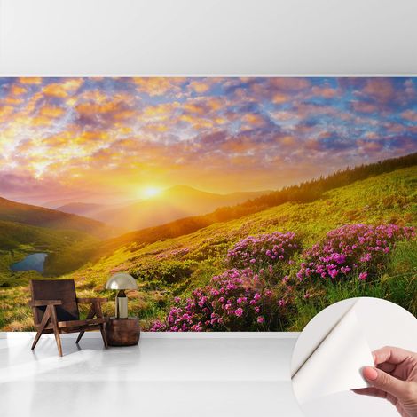 Papier peint adhésif autocollant pour salon chambre à coucher tendance et originale Coucher de soleil en montagne 416x254 cm (1/5)