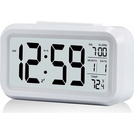 Réveil numérique silencieux à piles, horloge matin LED grand écran avec température et calendrier pour enfants et adultes, blanc (1/4)