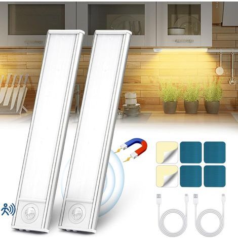 Led Cuisine, Sans Fil USB Rechargeable Lampe de Placard, 6000K Led Cuisine Sous Meuble, Magnétique Dimmable à Détecteur de Mouvement pour Placard Escalier Cuisine (20cm2 Pack) (1/5)