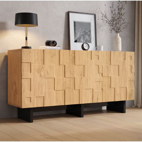 MODFU – Buffet rangement 140x40x70 cm MDF – 3 portes push-to-open et 5 compartiments – Piètement noir surélevé – Naturel (1/5)