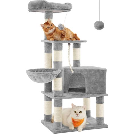 Feandrea Arbre à Chat Hauteur 138 cm, Tour de Jeux pour Chats, avec Base et 9 Poteaux à Griffer, 1 Plateforme, 1 Niche, 1 Hamac, 1 Pompon, 1 Corde, Tissu Peluche, Multi-Niveaux, Gris Clair (1/5)