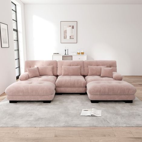 Canapé d’angle modulable u en chenille rose, grand format, assise profonde, avec ottoman convertible (1/5)