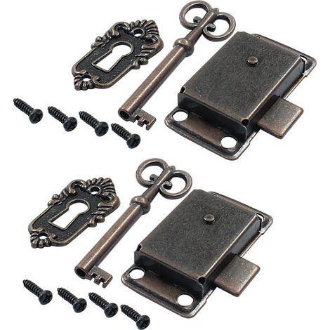 Serrures pour meubles - Lot de 2 - Serrures anciennes - Serrures de tiroir - Métal - Serrures décoratives anciennes - Avec clé et vis - 53 x 27 mm (1/5)