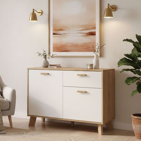 Dmora - Kommode Tulo, Wohnzimmerbuffet, Wohnzimmer-Sideboard, Moderne Küchen-Speisekammer, 99x39 h73 cm, Eiche und Weiß (1/5)