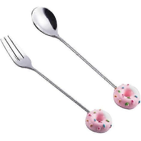 Lot de 2 couverts pour enfants en acier inoxydable, motif donut, cuillère et fourchette à long manche, rouge MJSPink, avec manches en forme de donut. Idéal pour le café et les desserts. (1/2)