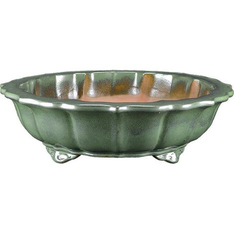 Vaso per bonsai rotondo (forma a fior di loto) in gres smaltato verde 31x31x7,5 cm - J053c