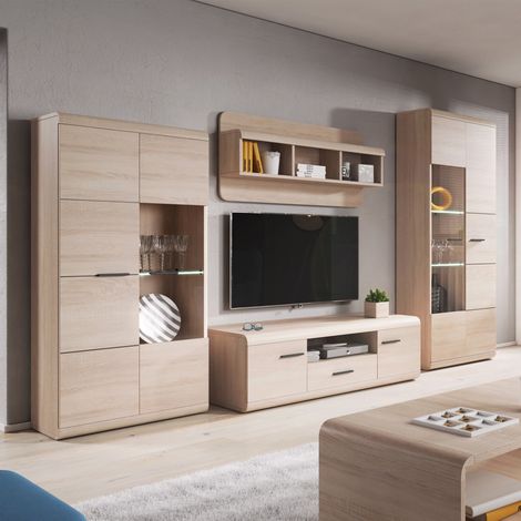 Wohnwand Kane, Modularer Wohnzimmerschrank, 20 Fächer, eine Schublade, Eiche Braun (1/5)