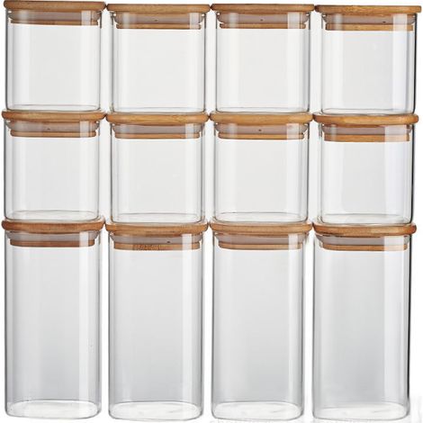 12 bocaux de conservation, 4 de 700 ml et 8 de 400 ml, en verre borosilicaté avec couvercles en bambou, étanches, empilables, compatibles lave-vaisselle (1/5)