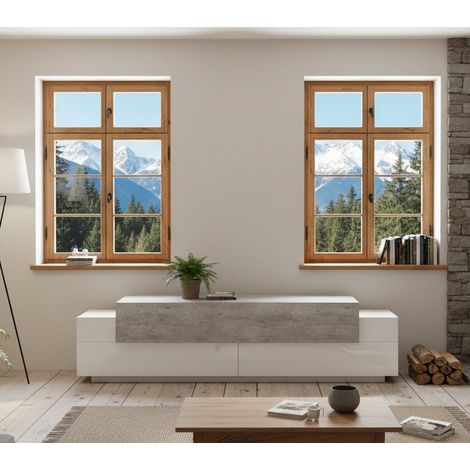 Mobile Porta tv - 3 Ripiani 4 Vani, Bianco Lucido, -, 200x45x52h cm Lavalleja
