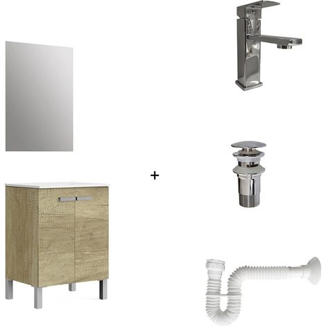Solution complète Comprend : Meuble de Salle de Bain, lavabo en céramique, Robinet, Siphon Extensible et vanne de vidange. Meuble assemblé. Livraison Tout en Un. avec Miroir 60 cm Nature (1/5)