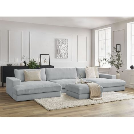 BOBOCHIC - Canapé panoramique fixe LEONARD velours côtelé avec pouf Gris clair (1/5)