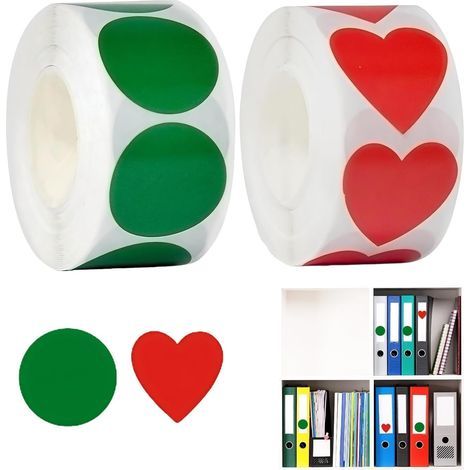 1000 adesivi rotondi verdi, adesivi rossi a forma di cuore, 25 mm, rotolo di piccoli punti adesivi con codice colore per ufficio, lavori creativi, sacchetti regalo, biglietti, 500 pezzi/rotolo (1/5)