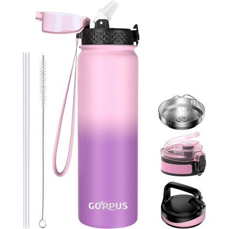 Edelstahl Thermosflasche 1L mit Strohhalm, auslaufsicher, BPA-frei, pink-lila (1/5)