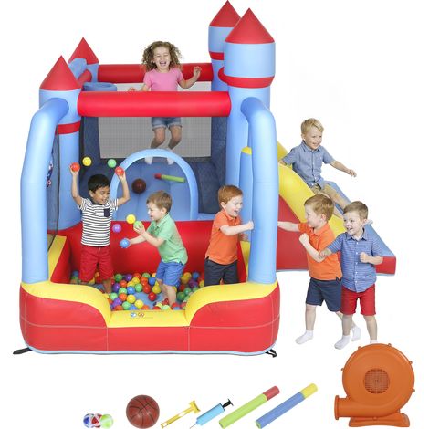 Château gonflable 5 en 1 avec souffleur, parc aquatique structure gonflable, toboggans, trampoline, multicolore