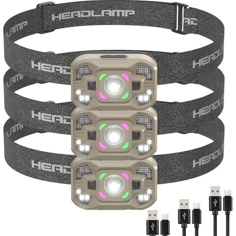 Lot de 3 lampes frontales rechargeables, 2 000 lm, super lumineuses, 5 modes pour adultes, phare léger pour le camping, la course à (1/5)