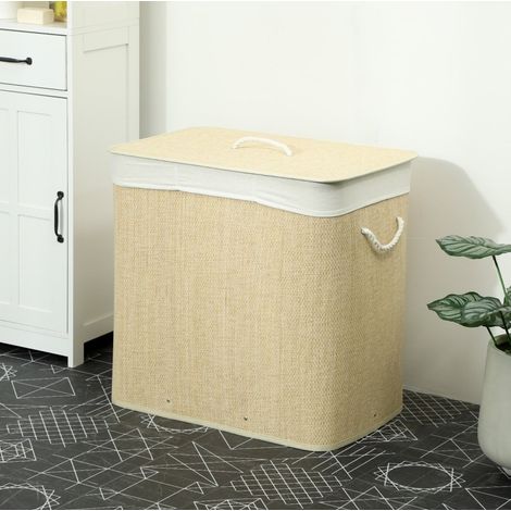 Panier à linge en bambou 144 L avec couvercle, 3 compartiments, sac lavable amovible, coloris crème (1/5)