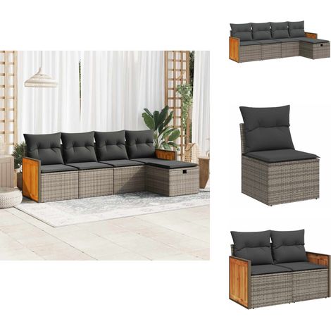 5-tlg. Garten-Sofagarnitur mit Kissen Grau Poly Rattan - Gartensofa Set - Garten Sofa Set - Outdoor Sofa Set - Garten Sofagarnitur (1/5)