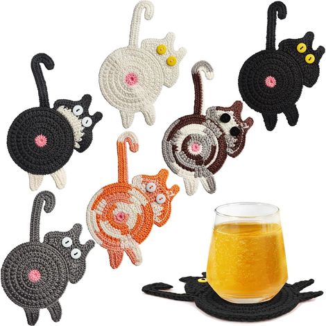 Juego de 6 lindos posavasos con estampado de gatos, divertidos posavasos de crochet, posavasos absorbentes tejidos a mano para decoración, regalos para amantes de los gatos (1/5)