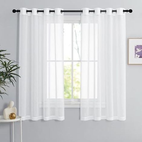 White curtain – Transparent curtain, set of 2, linen look, 140 x 160 cm, for small windows in bedrooms and hotels, soft curtains with romantic eyelets