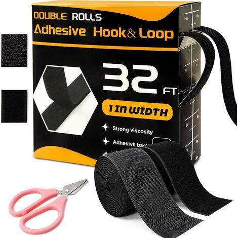 Ruban adhésif à boucles et crochets, 2 rouleaux, bandes double face autocollantes résistantes, dos adhésif pour tissus, ruban adhésif en nylon avec ciseaux (25 mm x 10 m, noir) (1/5)
