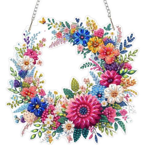 5D Diamantmalerei Kranz Fensterbild mit Kette, DIY Blumen Anhänger Deko