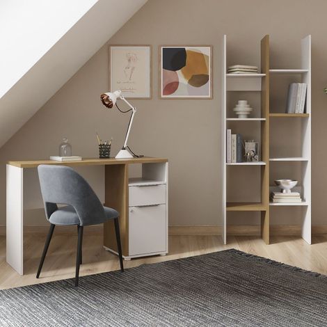 Muebles de Oficina Escritorio con Estantería Acces En Roble Hamilton y Blanco Mate (1/5)