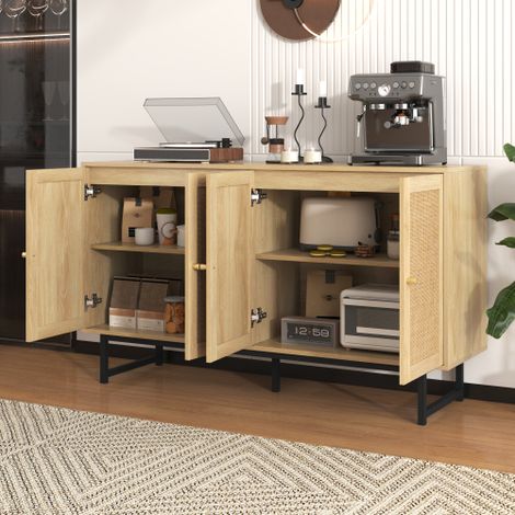 Meuble TV doté de pieds à finition dorée, de deux tiroirs et de portes au design unique. (1/5)