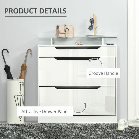 Meuble à chaussures blanc laqué brillant avec 2 tiroirs rabattables et étagères réglables, rangement étroit pour chaussures avec plateau en verre (1/5)