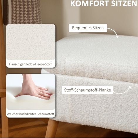 Banc coffre de rangement 65 L avec assise en polaire crème, pieds en bois de caoutchouc, 120 x 42 x 45 cm (1/5)