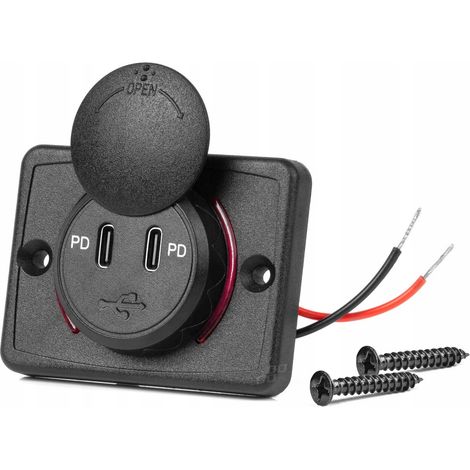 Cargador de coche con puertos USB, resistente al agua, cuadrado, 2 puertos USB-C. (1/5)