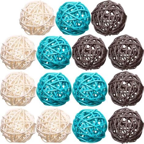 Bolas de ratán, 15 piezas, bolas de mimbre de 5 cm, esferas decorativas, rellenos para jarrones, azul claro + gris + blanco (1/5)