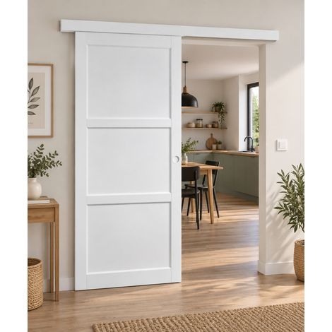 Puerta corredera Korya blanca de 3 paneles H204 x L73 cm, rail de aluminio con banda blanca, conchas blancas para GD MENUISERIES (1/5)